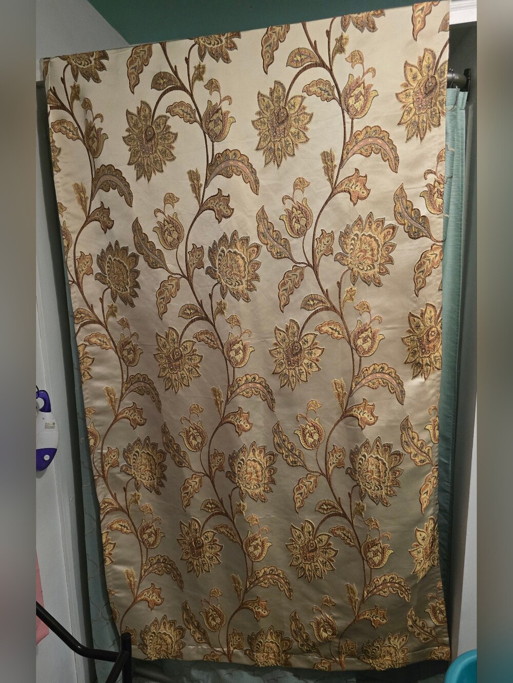 Gold Tan Embroidered Drapes LOT of 4 Panels Floral Pattern Curtains Rod 42"x84"